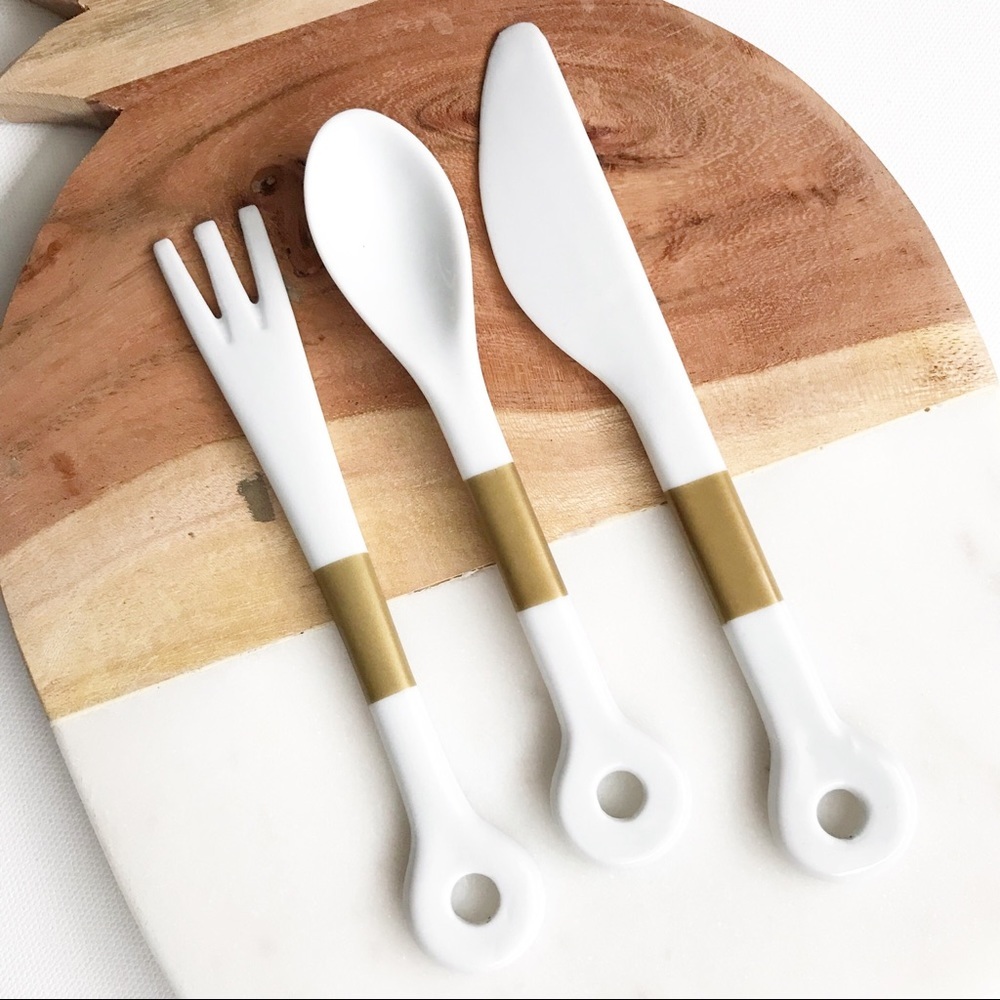 White & Gold Ceramic Fork Knife Spoon Set NWOT